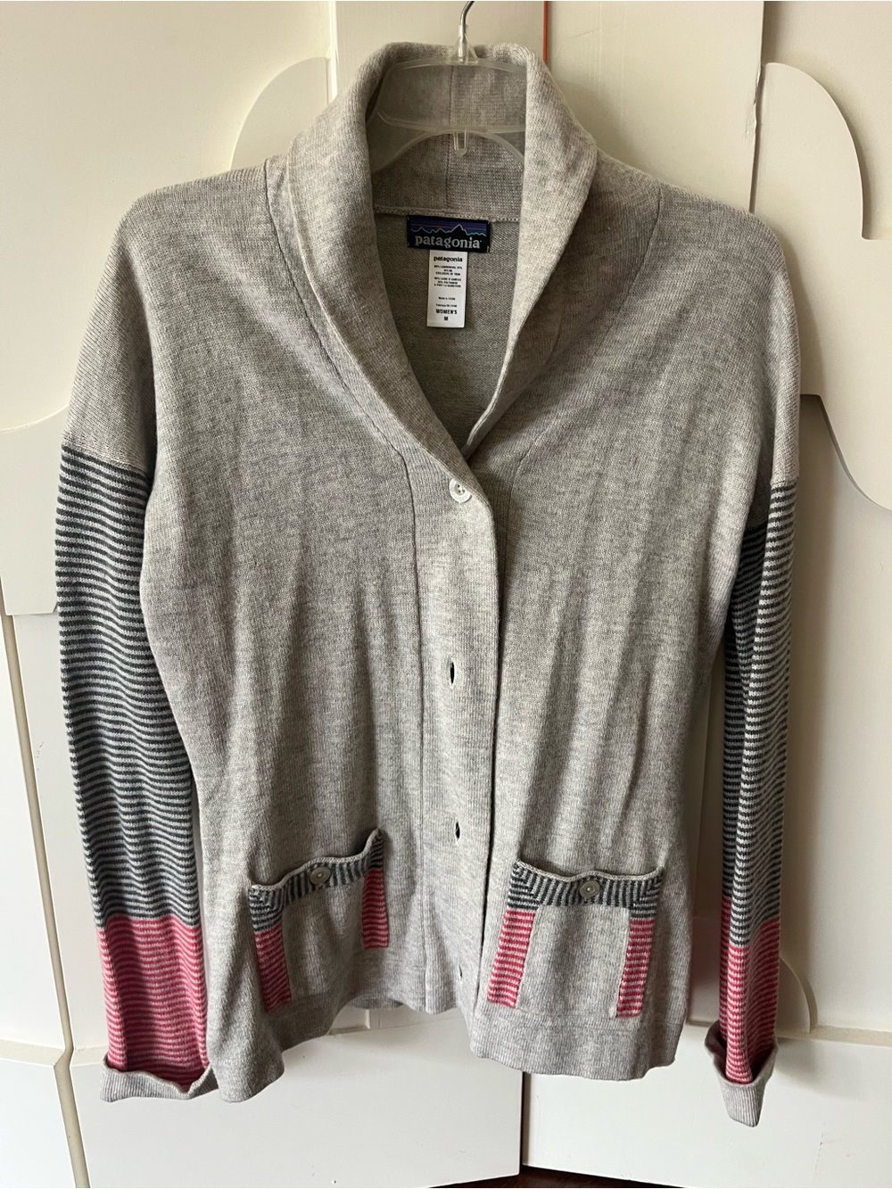 Patagonia Women's Shawl Collar Cardigan Sweater - Light Gray with Pink Stripes